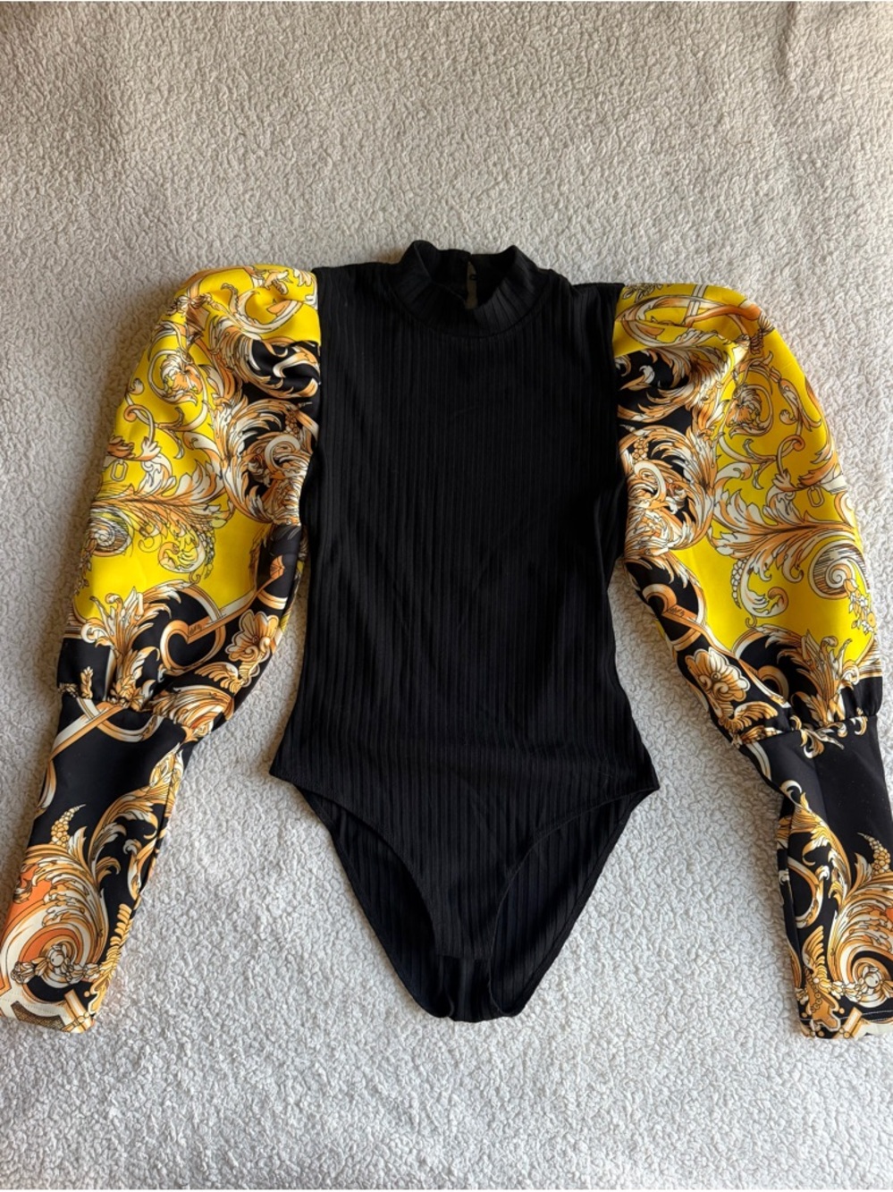 AKIRA Black Ribbed Bodysuit with Yellow Baroque Puff Sleeves - Picture 2 of 7